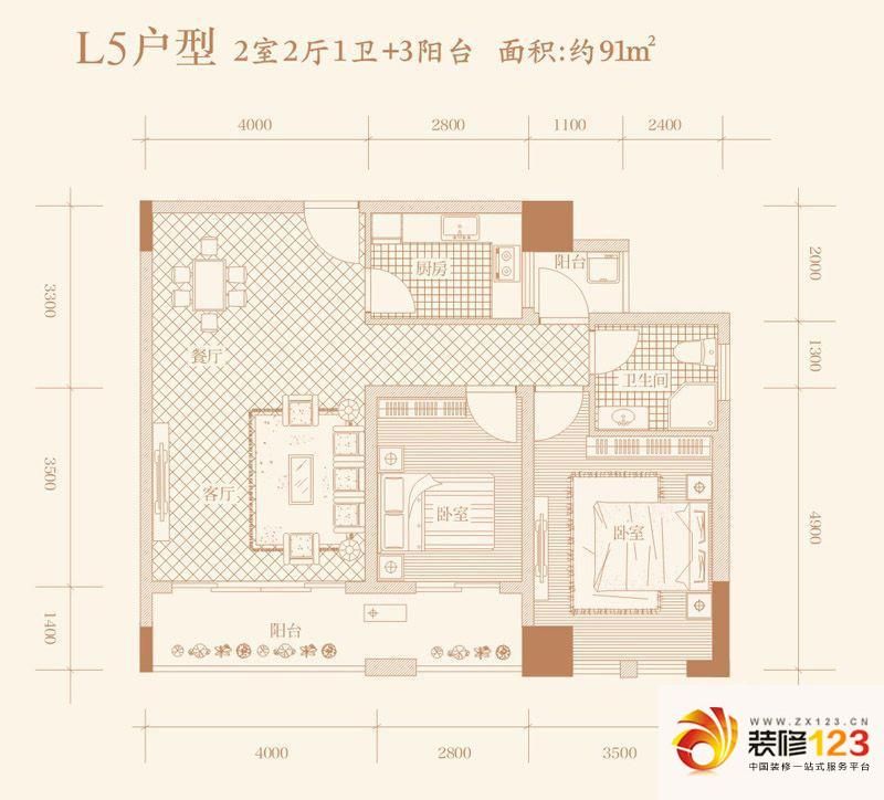 鸿基紫韵户型图l5户型 2室2厅1卫 .