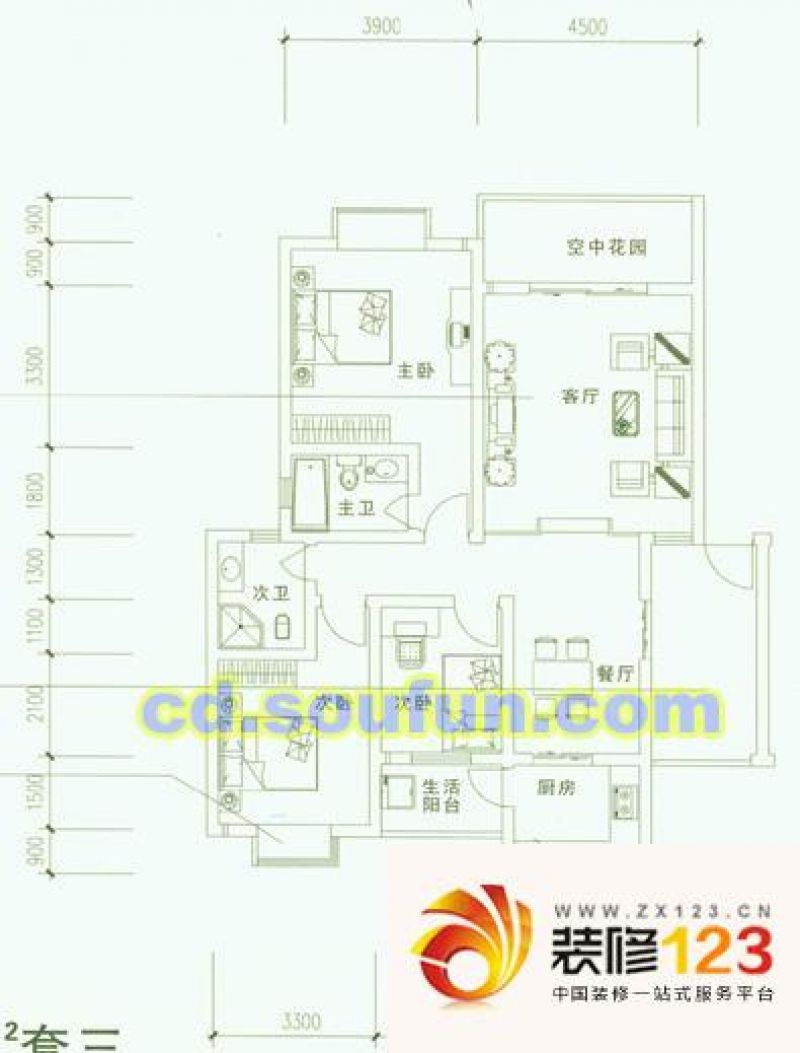 格林春天户型图户型图 3室2厅2卫.