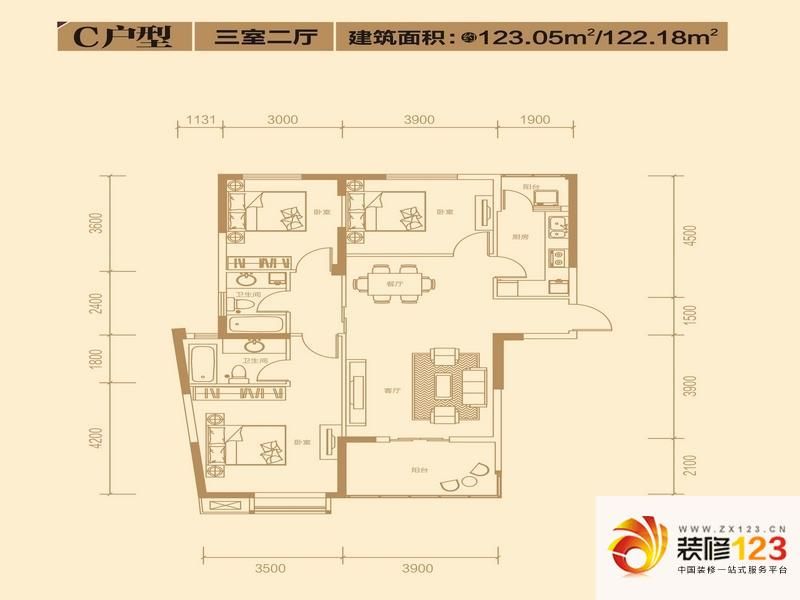 华星融城户型图c户型 3室2厅 .