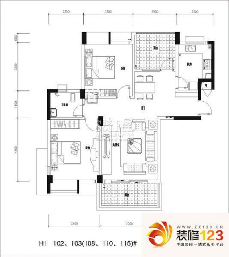 百步亭花园现代城户型图H1 2室2 ...