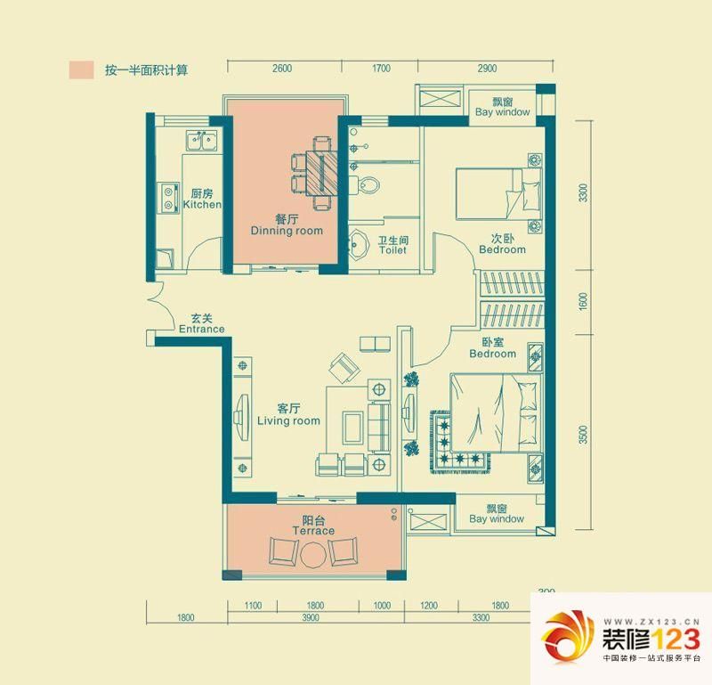 新地盛世东方户型图D1户型 2室2 ...