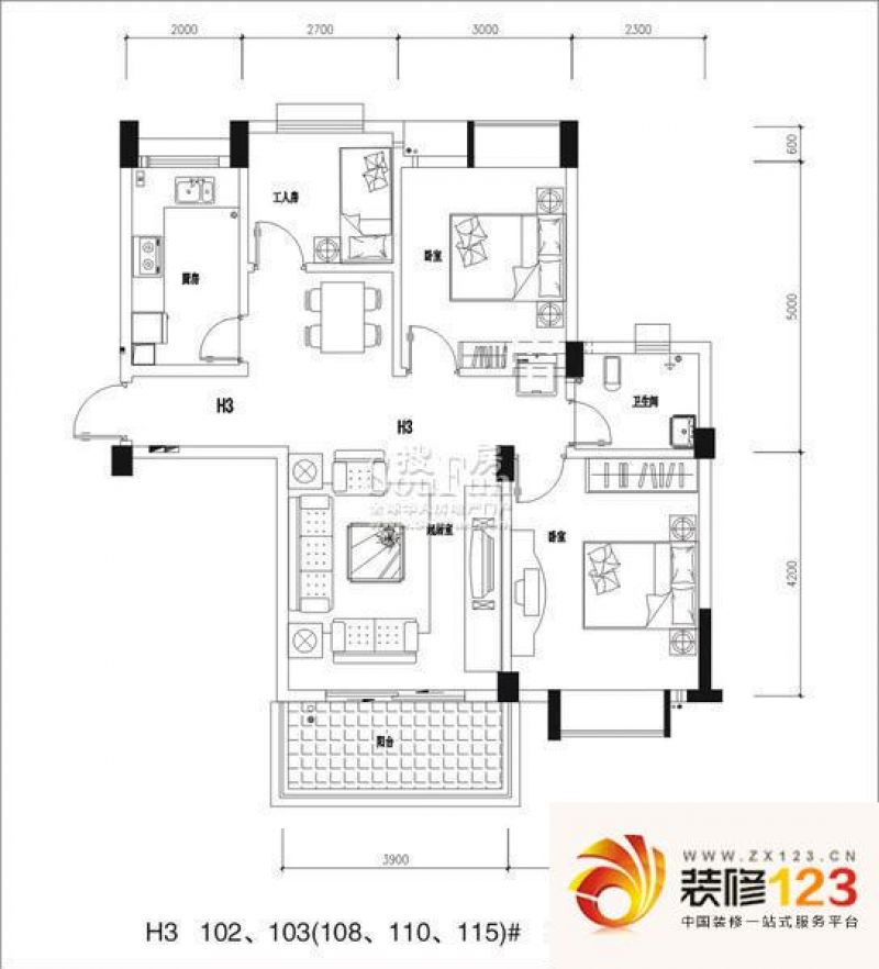 百步亭花园现代城户型图H3 2室2 ...