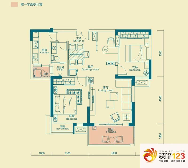 新地盛世东方户型图A3户型 2室2 ...