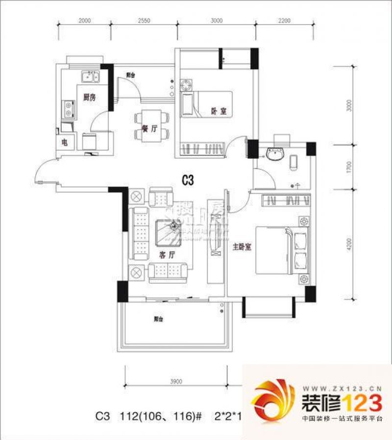 百步亭花园现代城户型图A2 3室2 ...