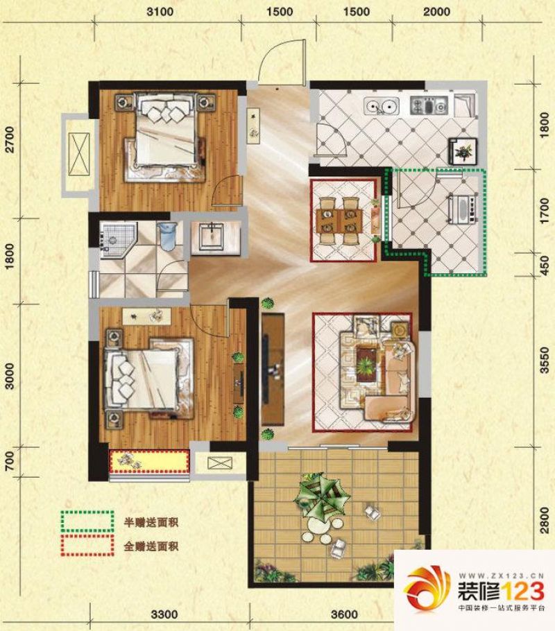 华西雅筑户型图1号楼1-b型 2室2 .