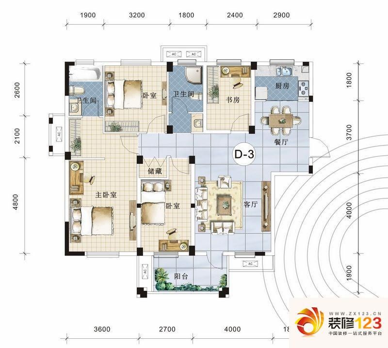 航天彩虹镇户型图二期d3户型 3室.