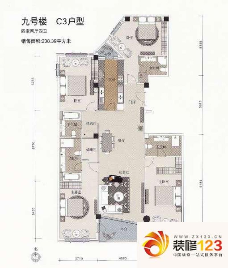 陶然廷户型图9号楼C3户型 4室2 ...