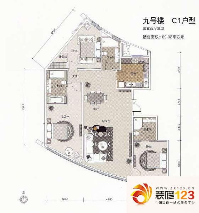 陶然廷户型图9号楼C1户型 3室2 ...