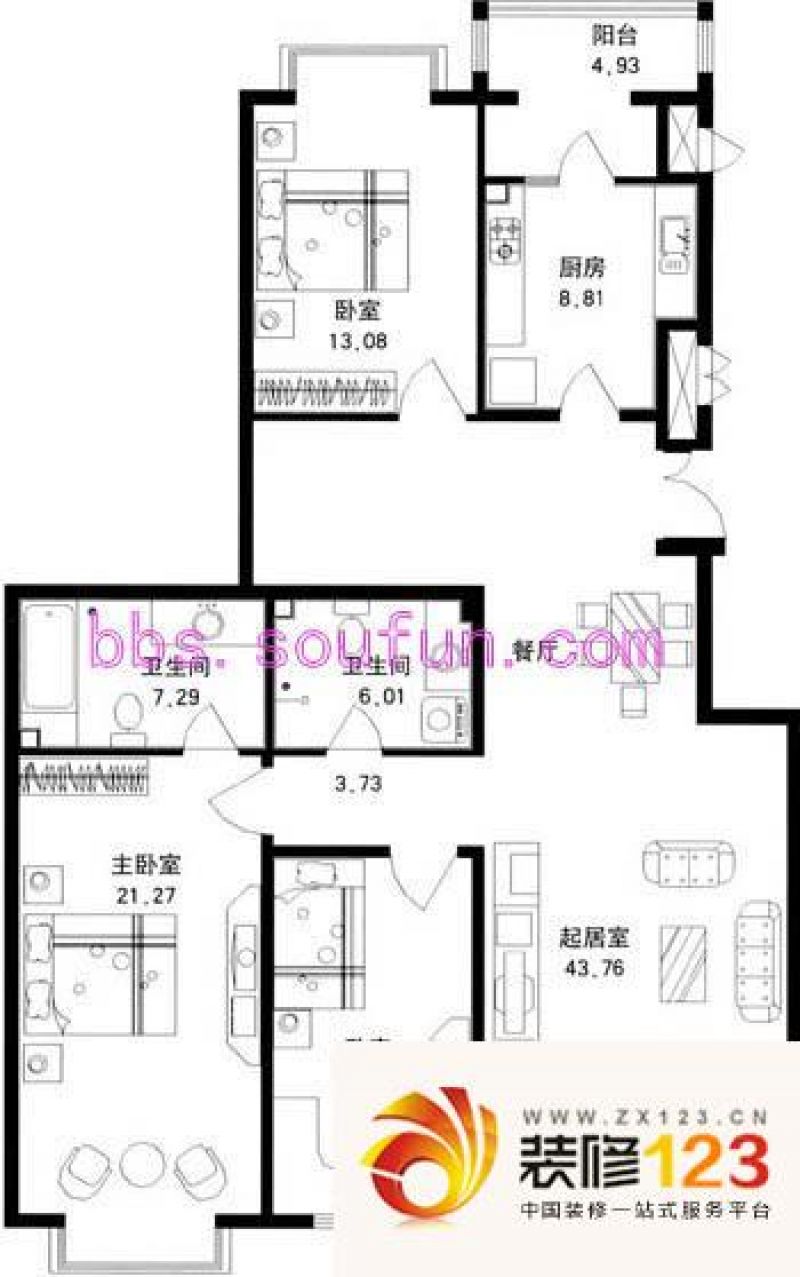 观河锦苑户型图户型图 3室1厅2卫.