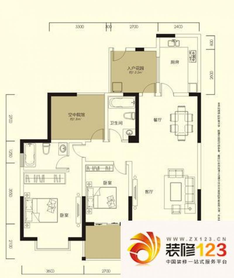 世家东部时空户型图b6型 3室2厅2 .