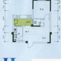 府河星城户型图h型 1室2厅1卫1厨.