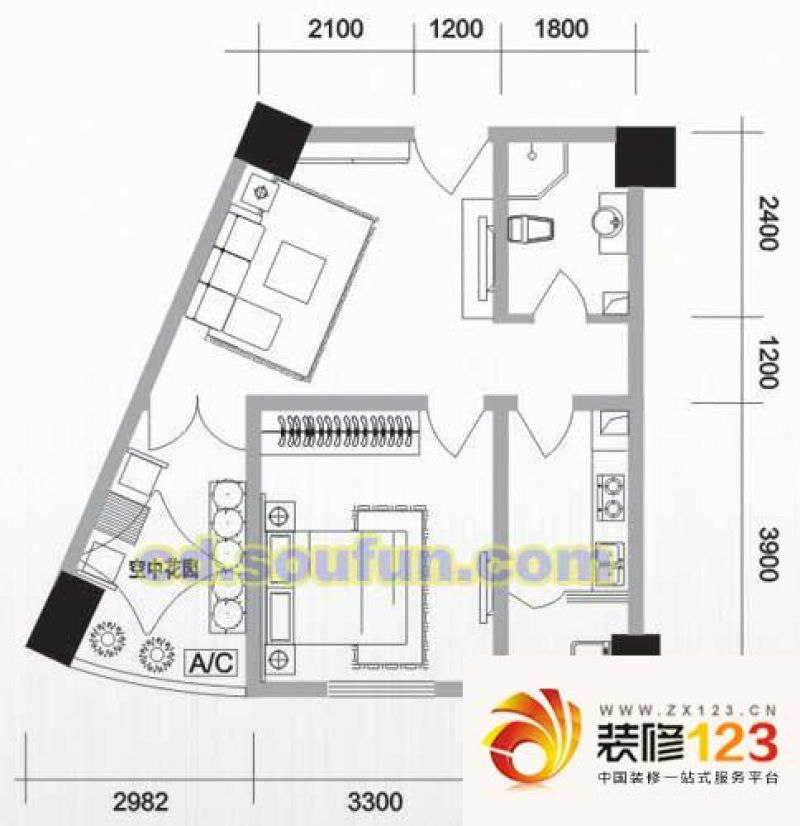 熙城国际户型图b6型 1室1厅1卫1 .