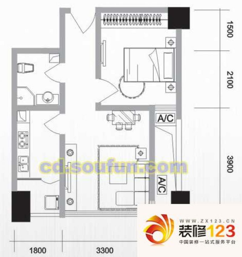 熙城国际户型图b2型 1室1厅1卫1 .
