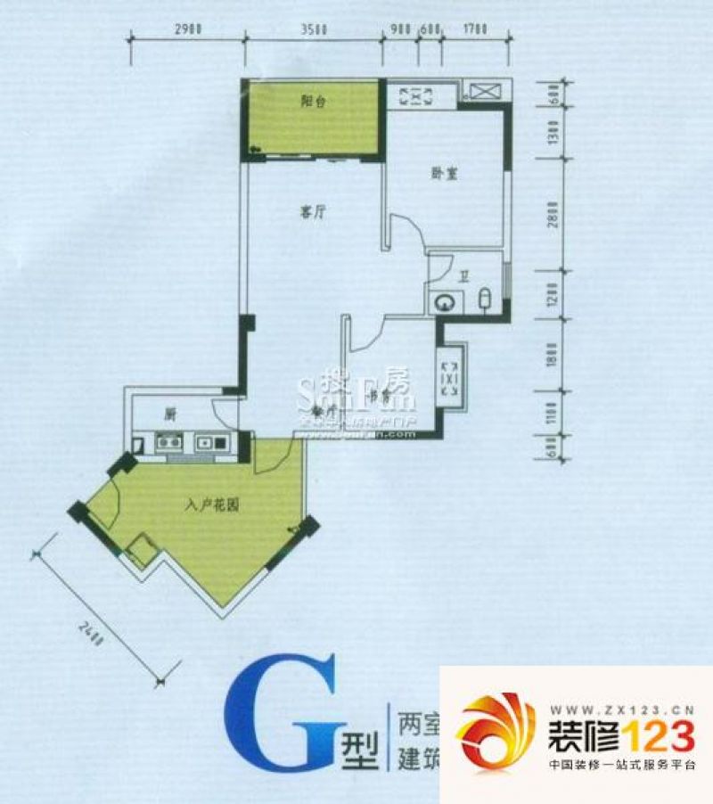 府河星城户型图g型 2室2厅1卫1厨.