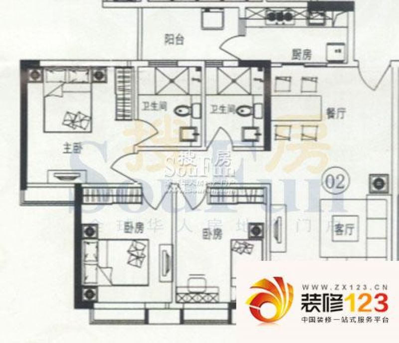 宝岗华庭户型图西塔02单元 3室2.