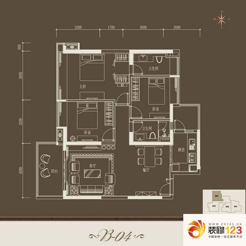 东山月府户型图b栋04单元 3室2厅 .