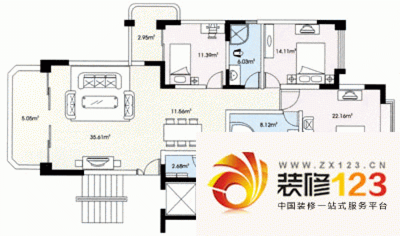 锦城花园二期户型图3室2厅2卫1厨 .