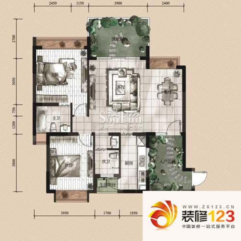 玲珑南域户型图h-5型 2室2厅2卫1.