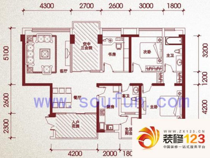 天府长城嘉南地户型图e型 3室2厅.