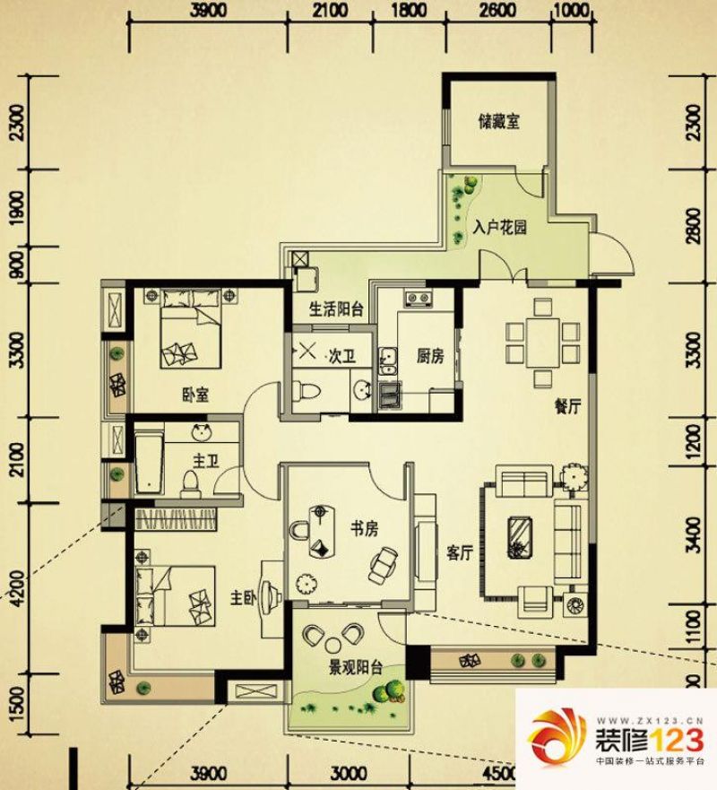 华府西苑户型图6栋c型 4室2厅2卫 .