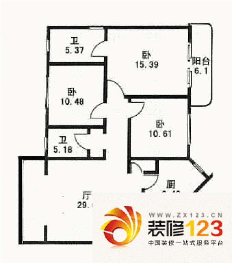 淡水公寓户型图3室1厅1卫1厨 .