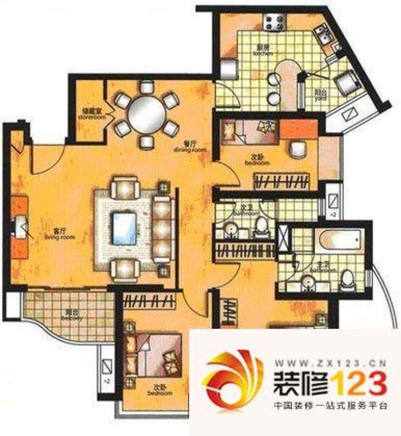 天山河畔花园户型图户型图 3室2 .