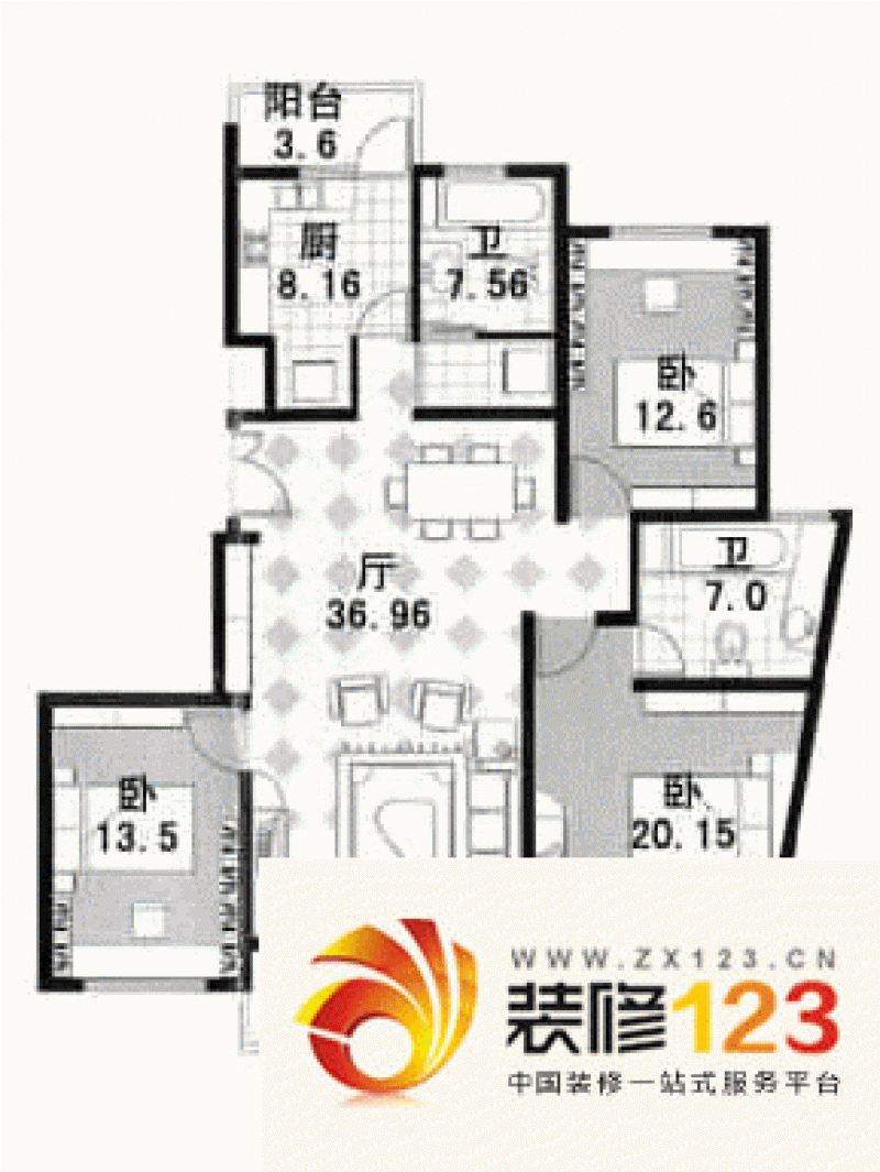 金龙东苑户型图3室2厅2卫1厨.