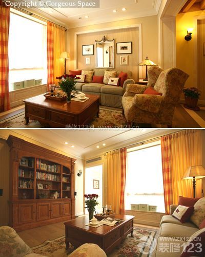 客厅装修 客厅装饰 沙发背景 格子窗帘 木质茶几 壁灯 射灯 台灯 组合沙发 布艺沙发 飘窗设计 书柜 储物柜 装饰画 黄色墙面 