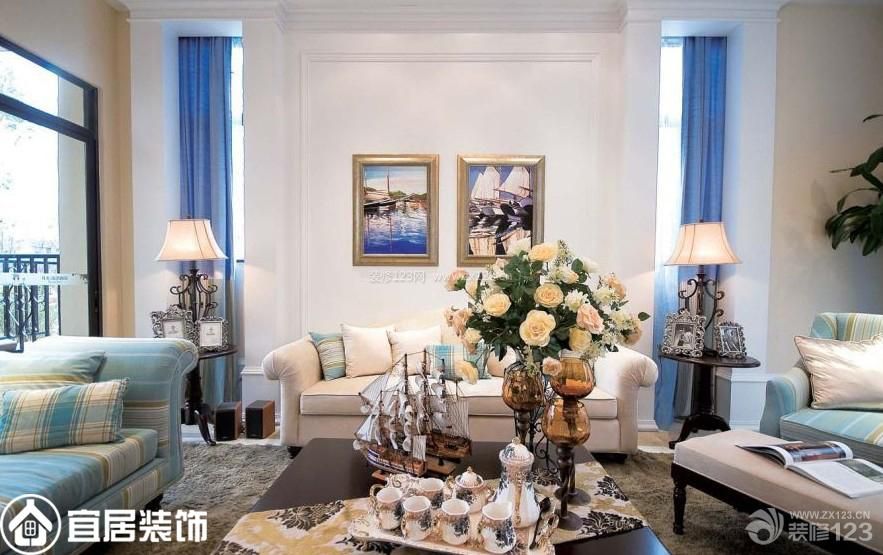 地中海风格装饰 两室两厅一厨一卫 蓝色窗帘 纯色窗帘 地垫 台灯 木质茶几 边几 组合沙发 软沙发 布艺沙发 墙面设计 白色墙面 石膏板墙面 装饰画 装饰品 