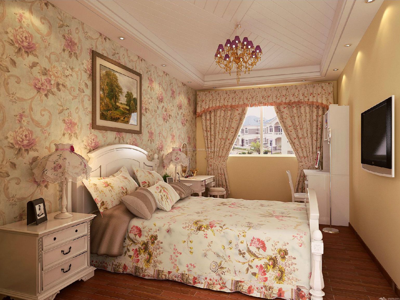 欧式田园风格 卧室装修颜色 背景墙壁纸 花纹壁纸 油画壁纸 小花窗帘