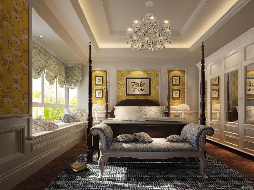 别墅室内设计 欧式装饰 主卧室 大卧室 花纹壁纸 花藤壁纸 花朵壁纸