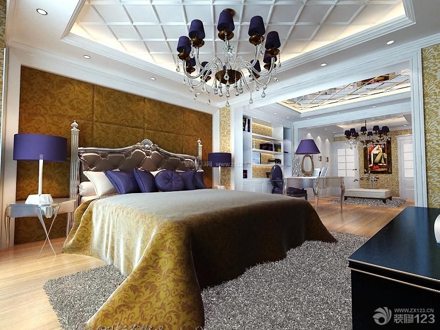 现代欧式风格 复式装修设计 卧室颜色搭配 卧室设计 双人床 欧式古典床 床头背景墙 软包背景墙 地毯 台灯 