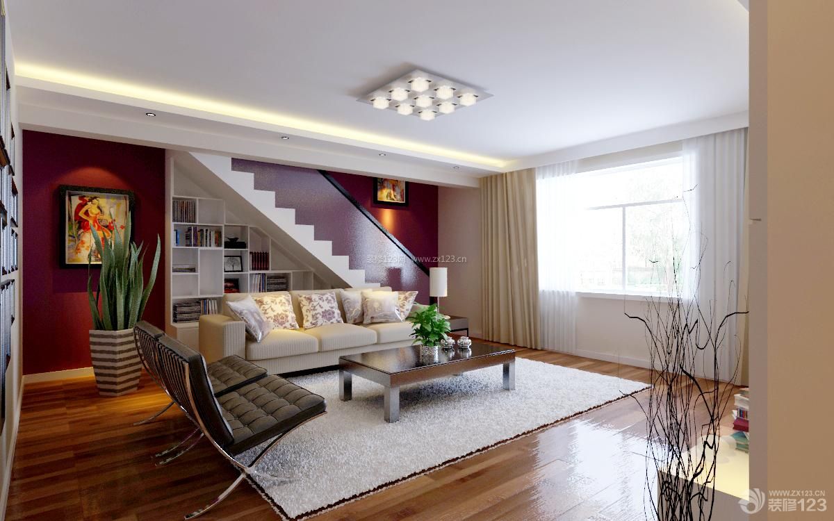 现代简约风格 客厅装修设计 客厅装饰 真皮沙发 双人沙发 软沙发 背景墙设计 背景墙造型 地毯 深褐色木地板 