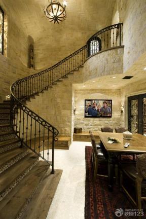 美式装修风格 美式别墅 混合材料楼梯 楼梯扶手 弧形梯 