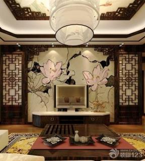 中式新古典风格 液晶电视背景墙 背景墙壁纸 中式茶几 客厅装饰 