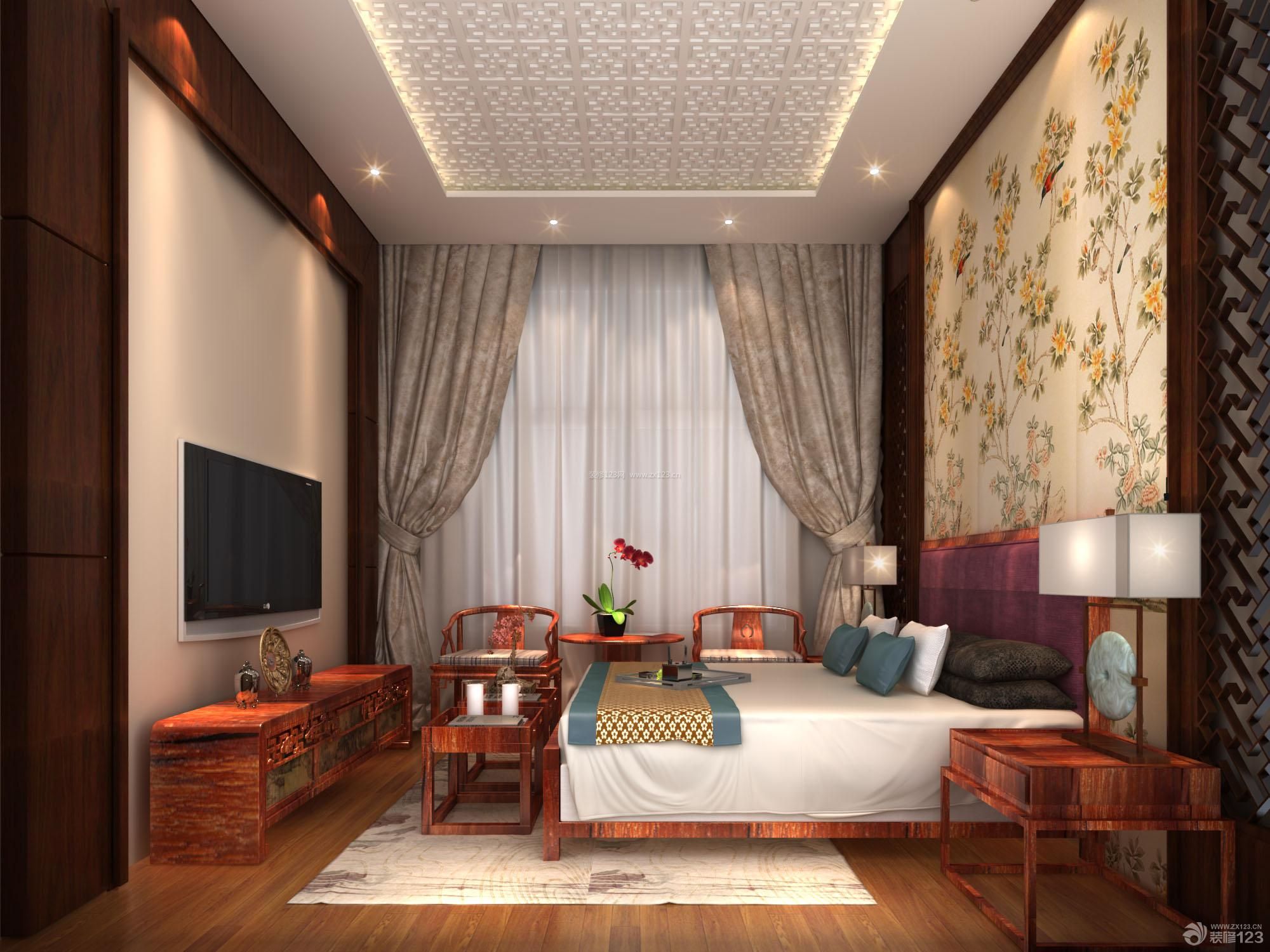 新中式风格 三室两厅装修设计 大卧室 卧室颜色搭配 床头背景墙 大花壁纸 