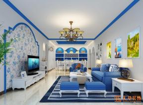 地中海风格设计 长方形客厅 大客厅 艺术灯具 组合沙发 