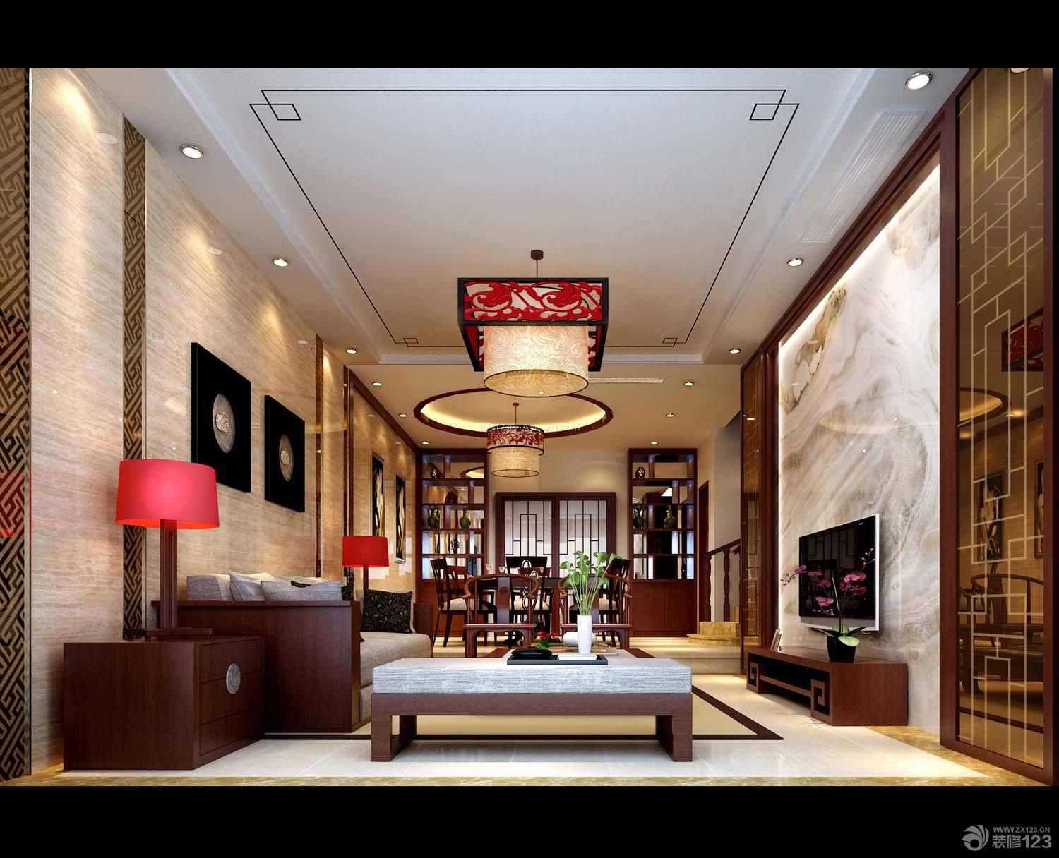中式装修风格 大客厅 客厅装修设计 中式灯具 