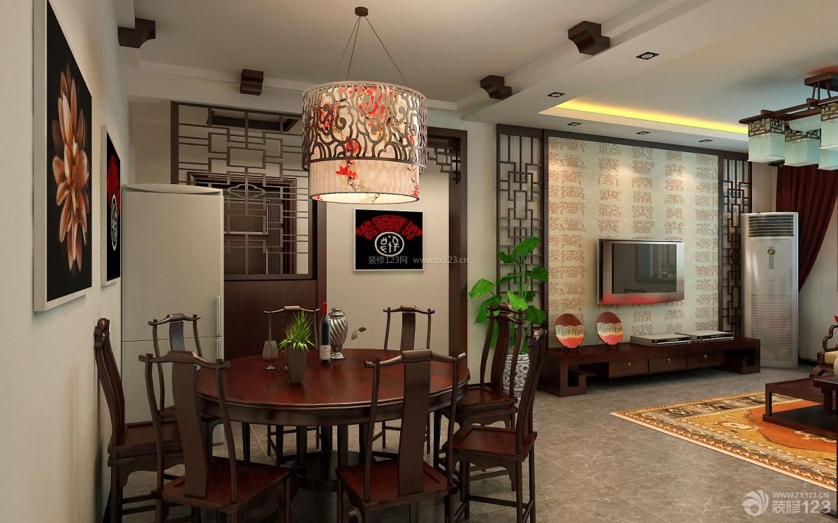 中式简约80平米三室一厅餐厅客厅一体装修设计效果图