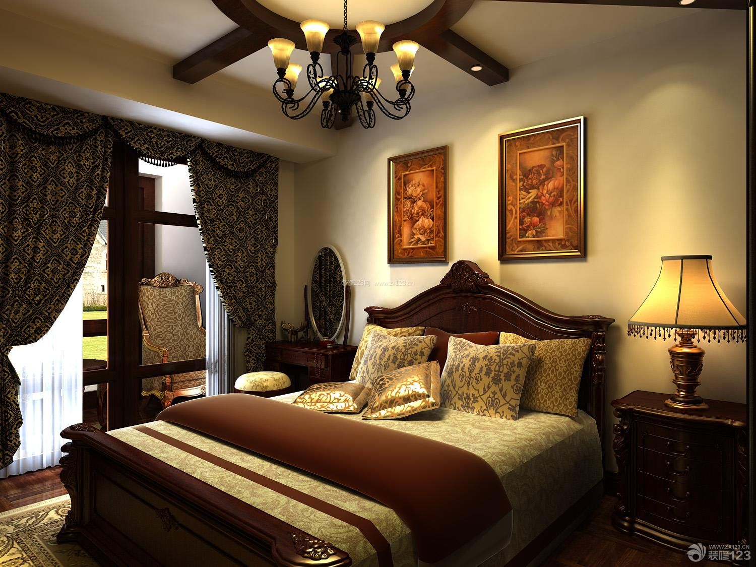 美式新古典风格 主卧室 床头背景墙 