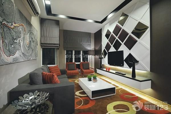 现代客厅黑白菱形玻璃电视背景墙设计
