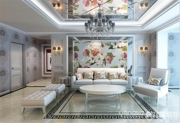 欧式新古典风格时尚客厅沙发背景墙装修效果图 