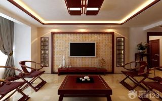 新中式实木家具客厅影视墙装修效果图