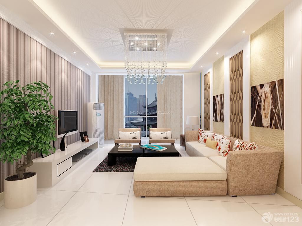 现代家居 泛白色地砖 最新客厅装修效果图 