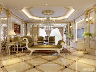 奢华欧式客厅米白色瓷砖拼花效果图