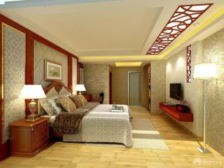 中式家装主卧室设计背景墙壁纸效果图