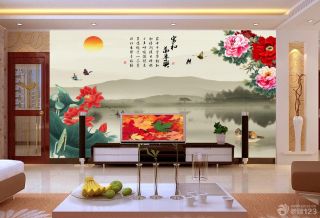 中式简约手绘花鸟电视背景墙装修效果图大全