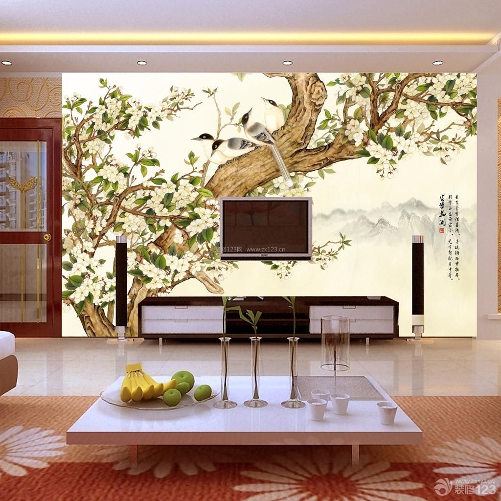 大型客厅手绘花鸟电视背景墙图片设计