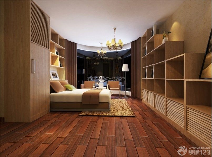 现代设计风格 大卧室 深褐色木地板