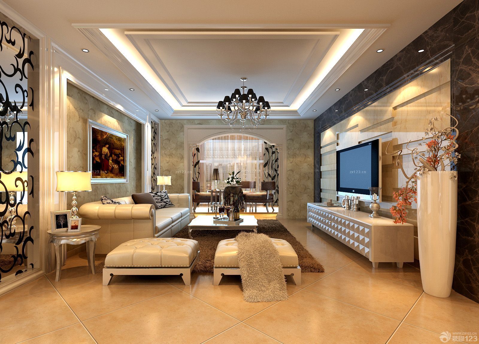 简约欧式风格豪华客厅室内吊顶装修效果图